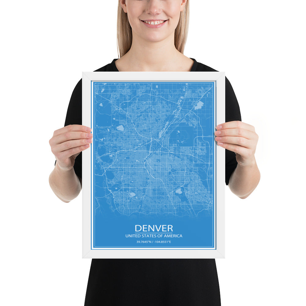 Denver Blue and White Framed Map