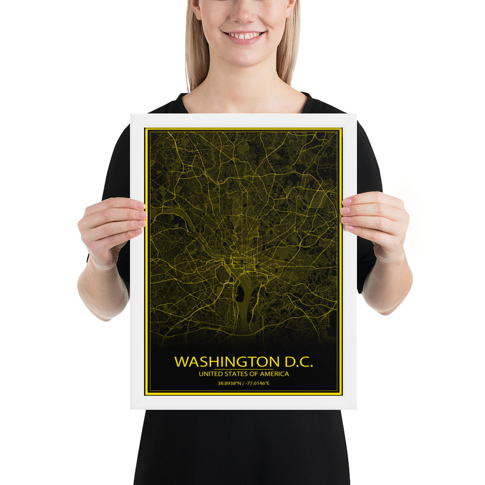 Washington, D.C. Black and Yellow Framed Map