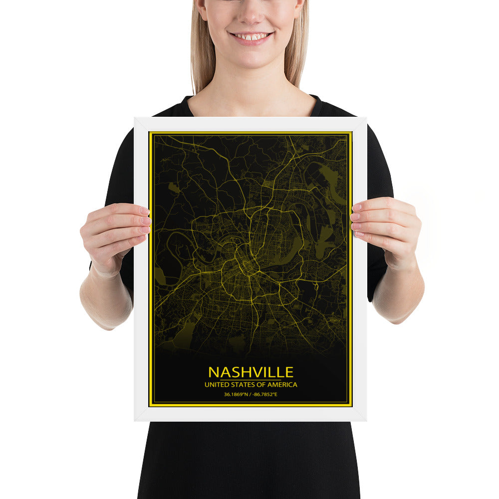 Nashville Black and Yellow Framed Map