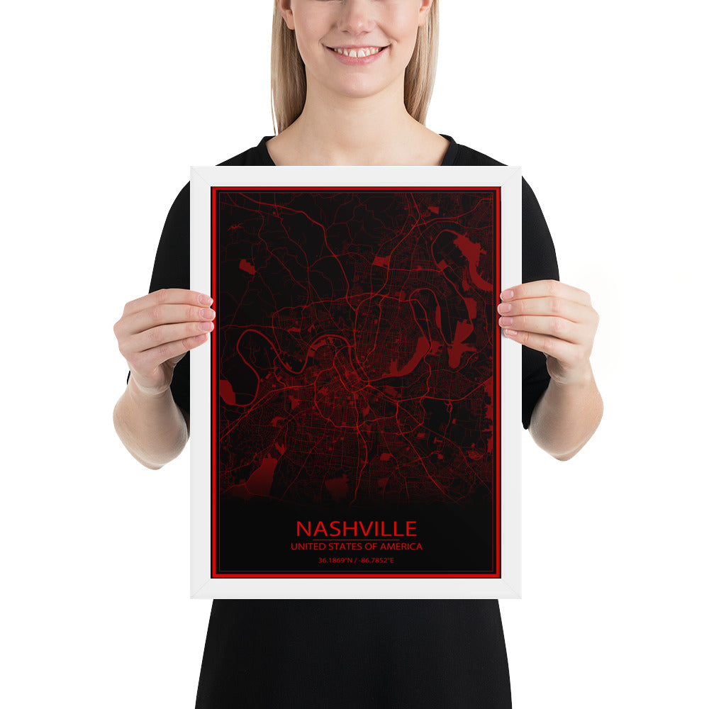 Nashville Black and Red Framed Map