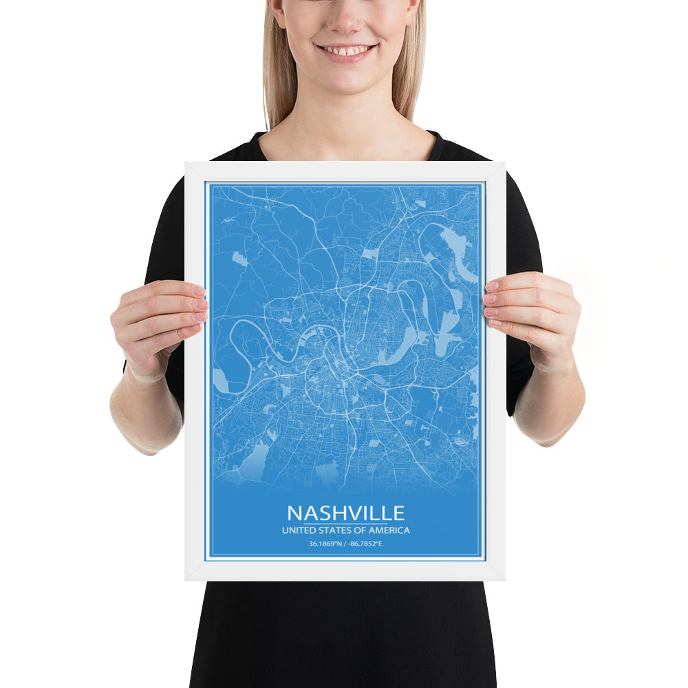 Nashville Blue and White Framed Map