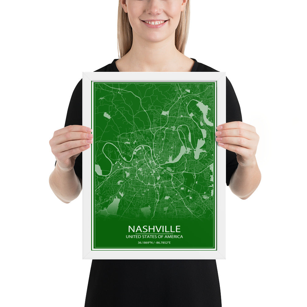 Nashville Green and White Framed Map