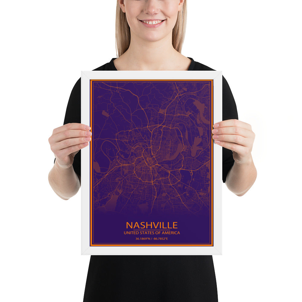 Nashville Purple and Orange Framed Map