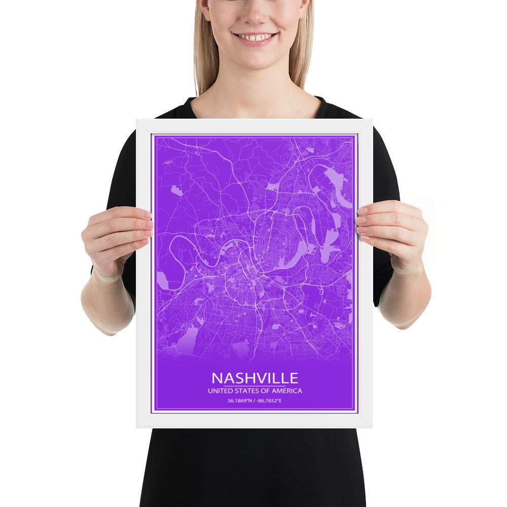 Nashville Purple and White Framed Map