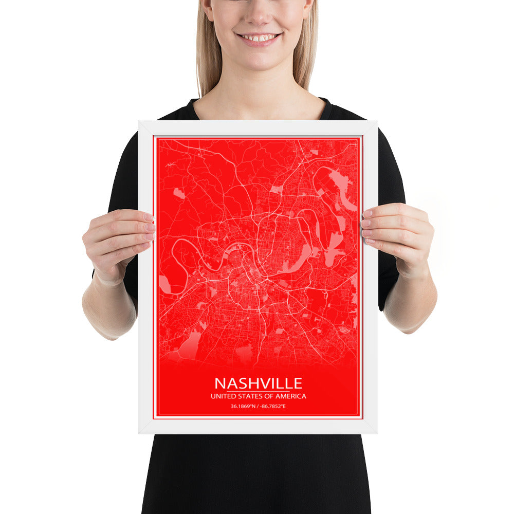 Nashville Red and White Framed Map