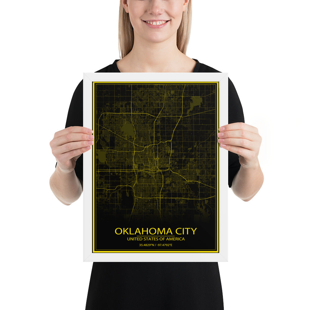 Oklahoma City Black and Yellow Framed Map