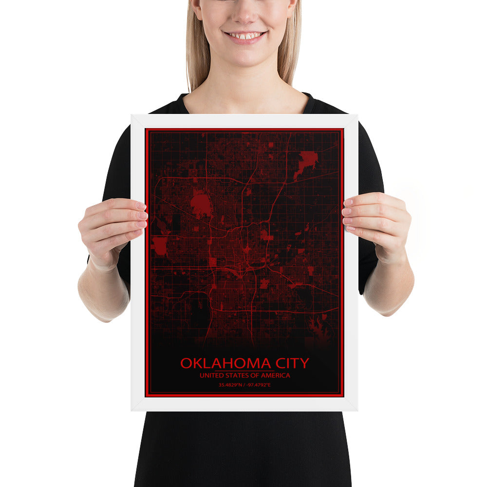 Oklahoma City Black and Red Framed Map