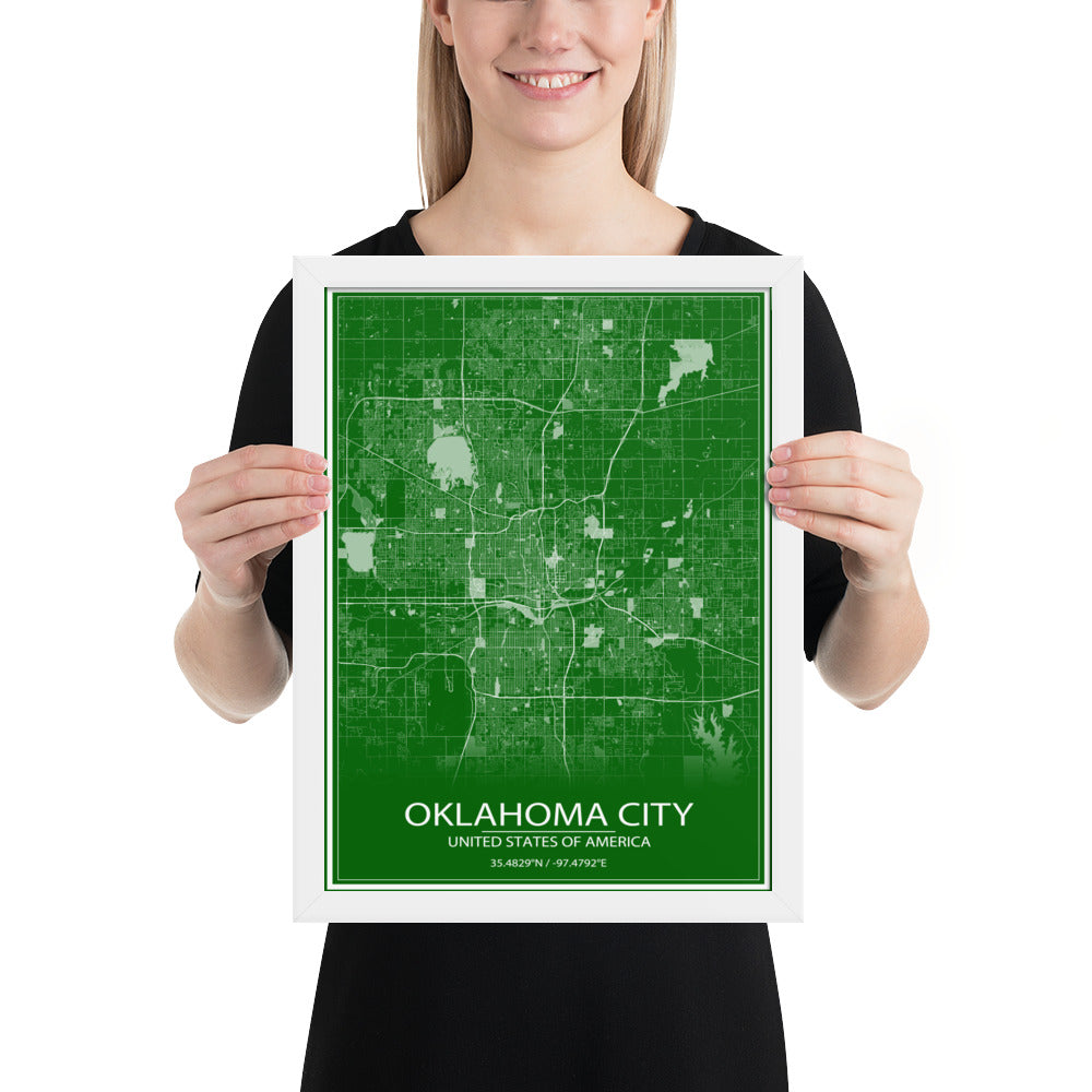 Oklahoma City Green and White Framed Map