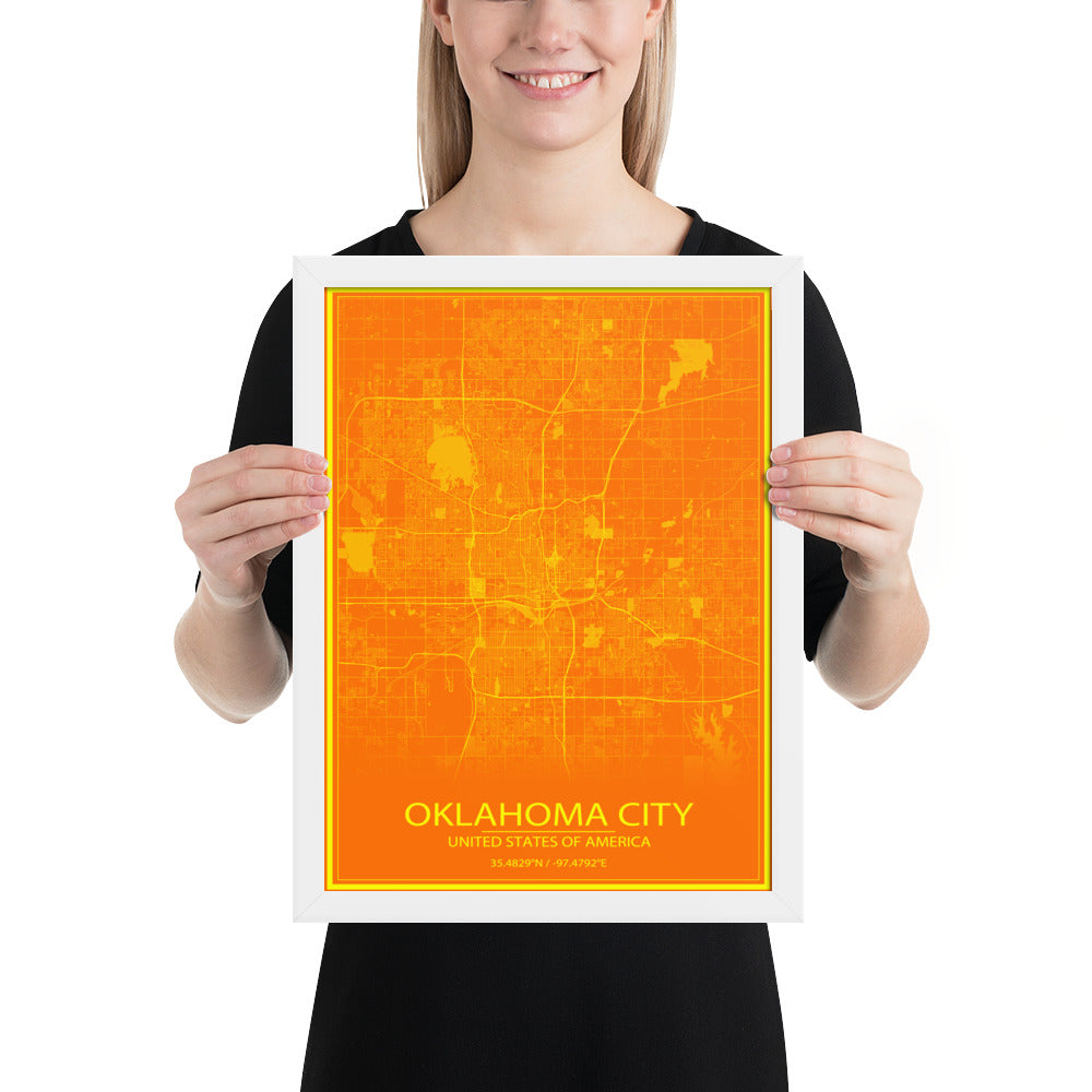 Oklahoma City Orange and Yellow Framed Map