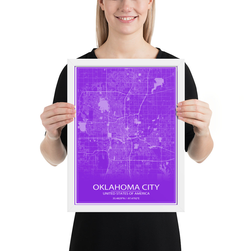 Oklahoma City Purple and White Framed Map