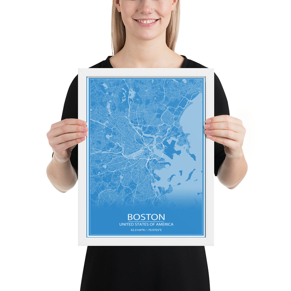 Boston Blue and White Framed Map