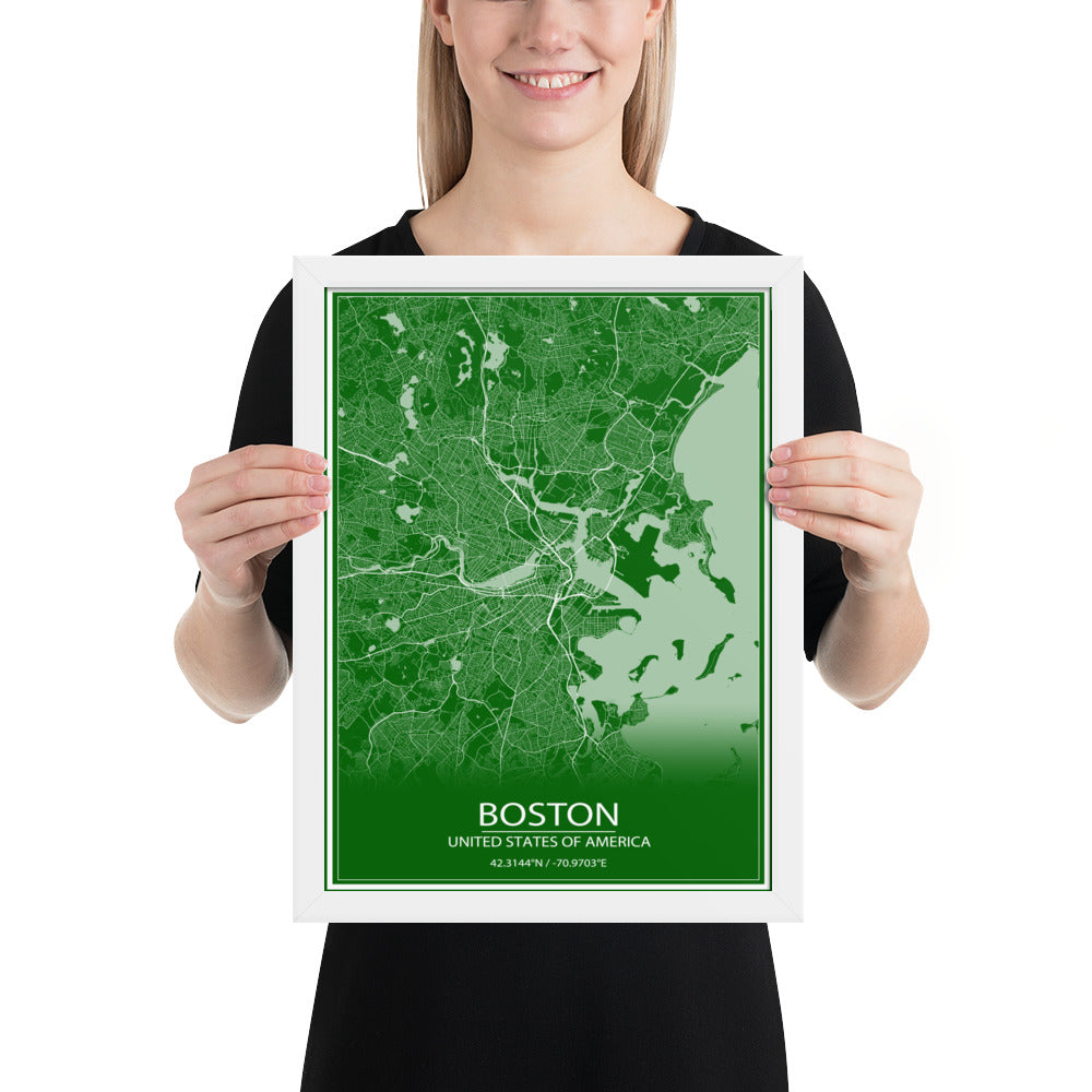 Boston Green and White Framed Map