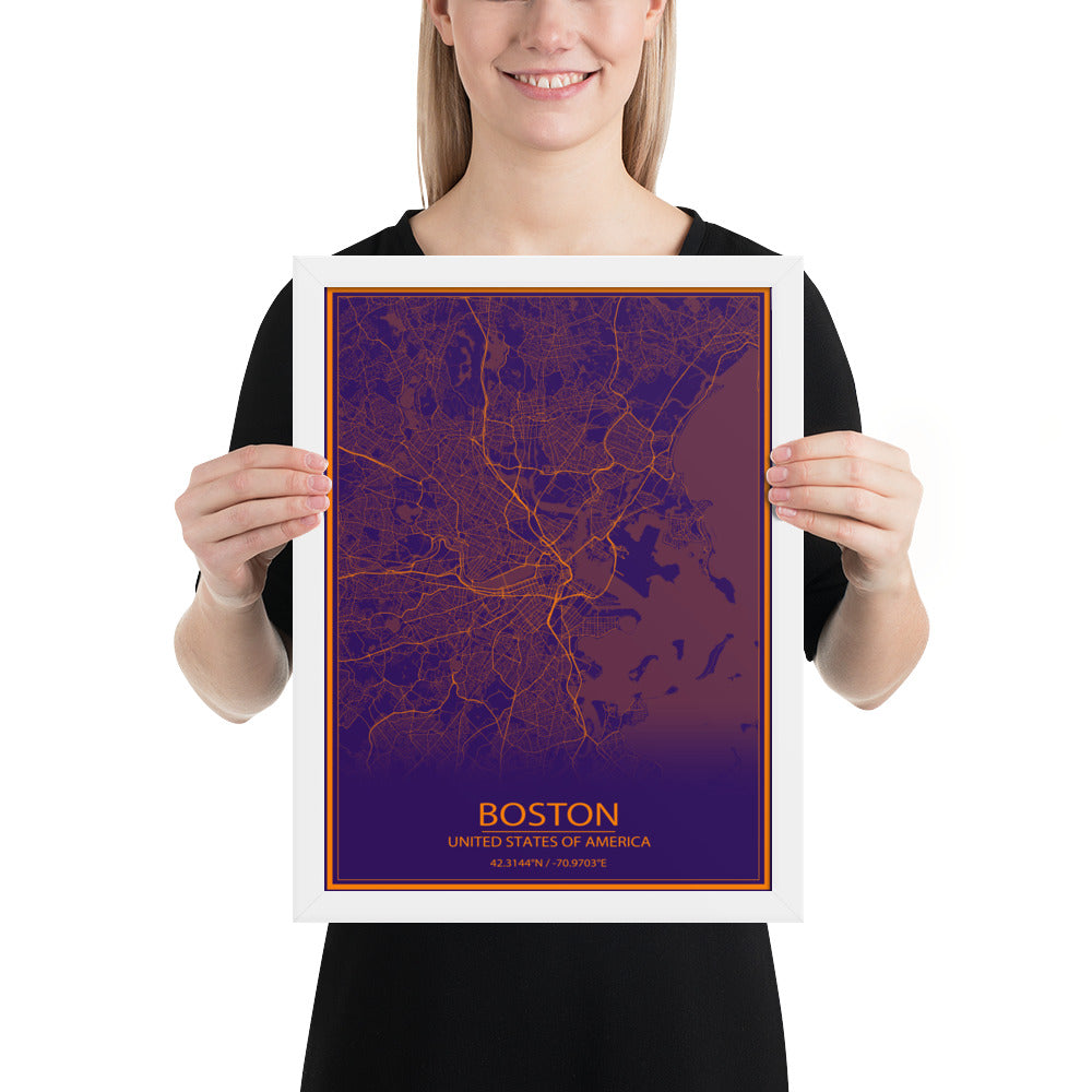 Boston Purple and Orange Framed Map