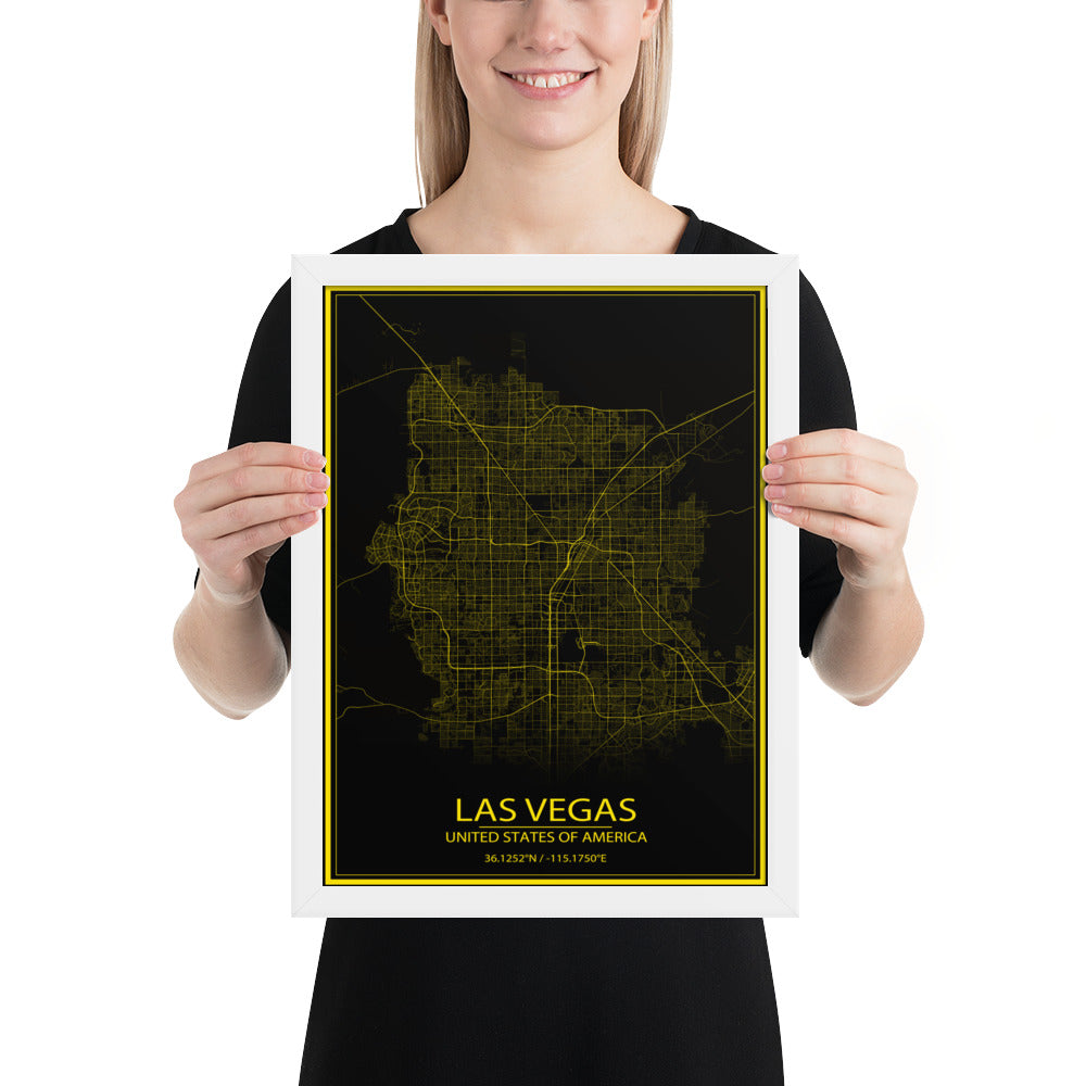 Las Vegas Black and Yellow Framed Map