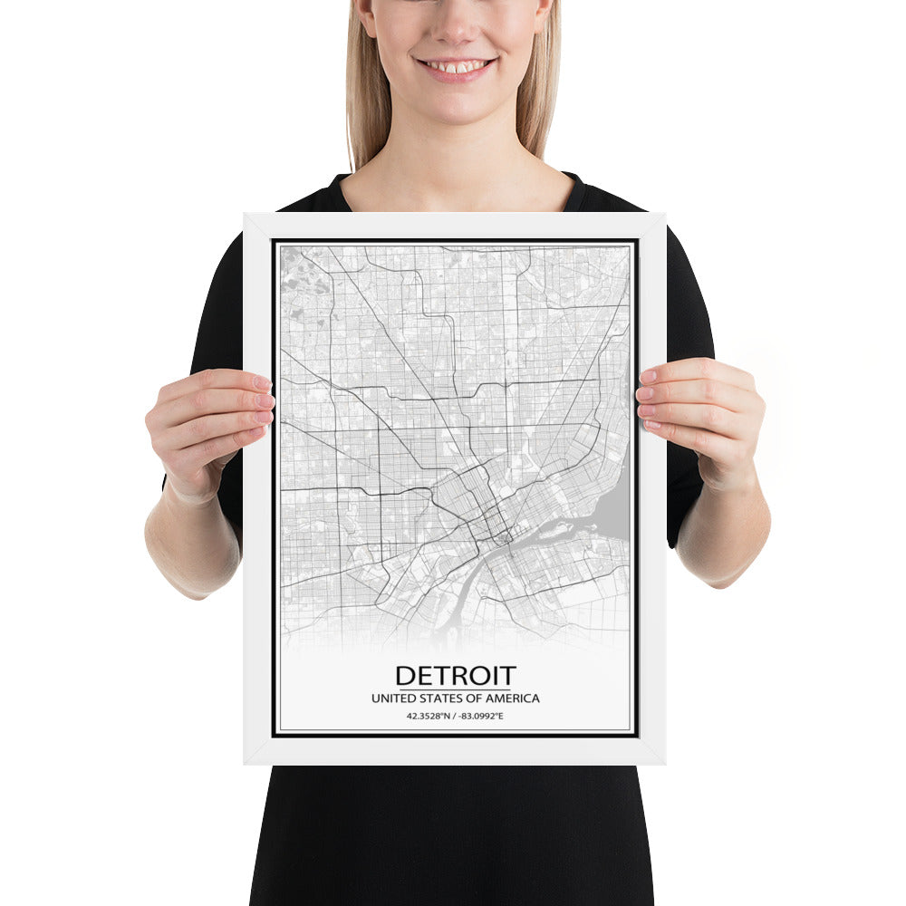 Detroit White Framed Map