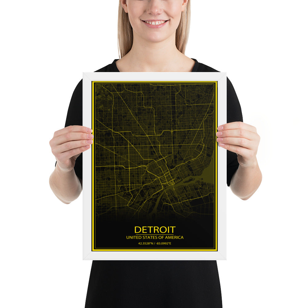 Detroit Black and Yellow Framed Map