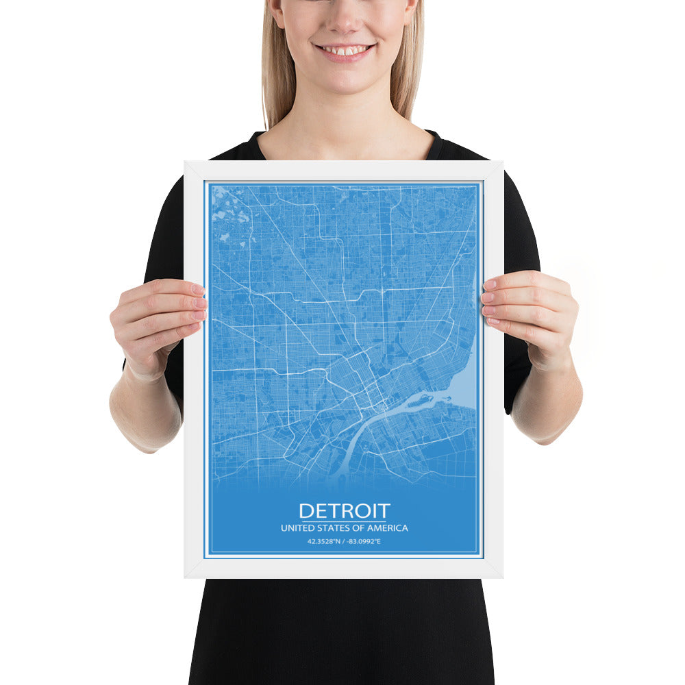 Detroit Blue and White Framed Map