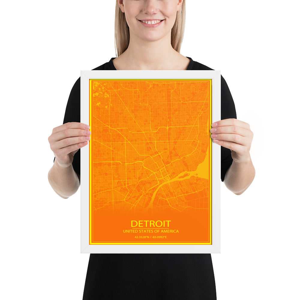 Detroit Orange and Yellow Framed Map