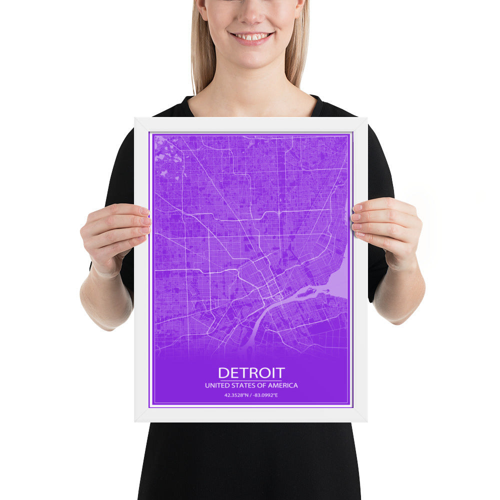 Detroit Purple and White Framed Map