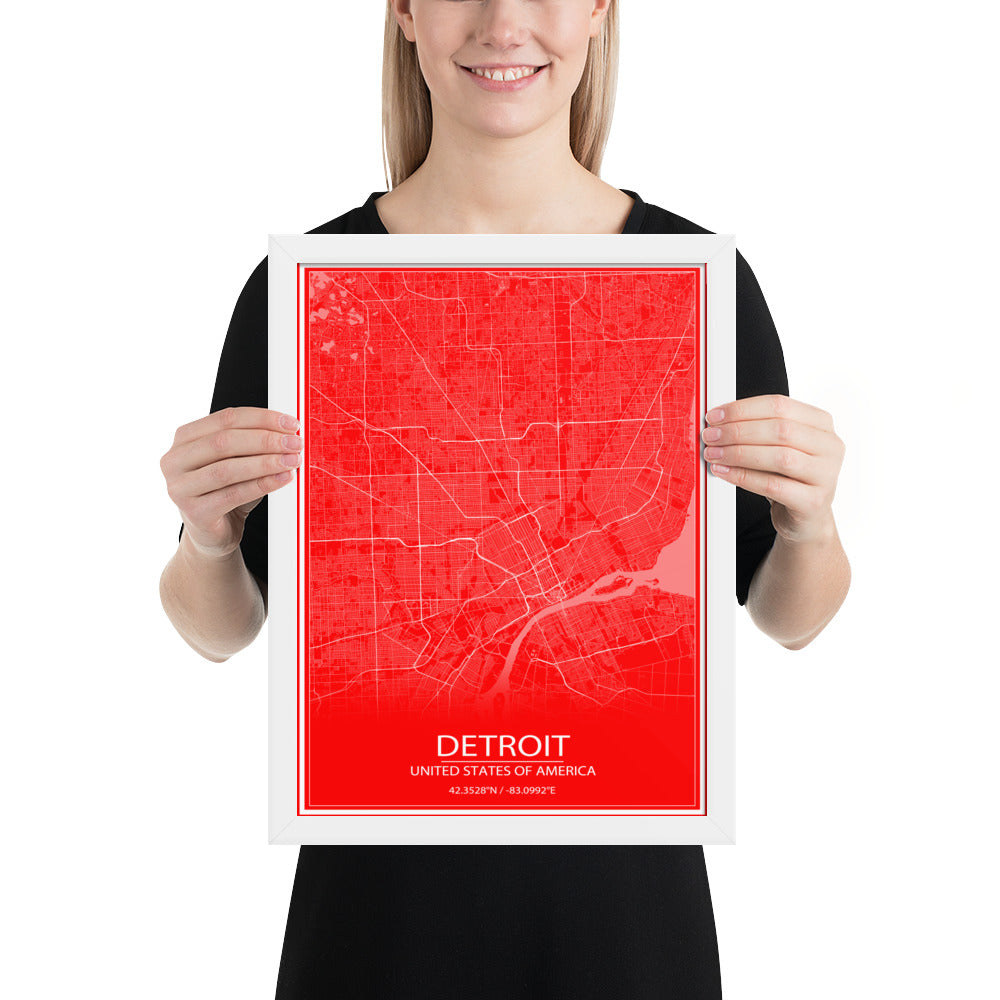 Detroit Red and White Framed Map