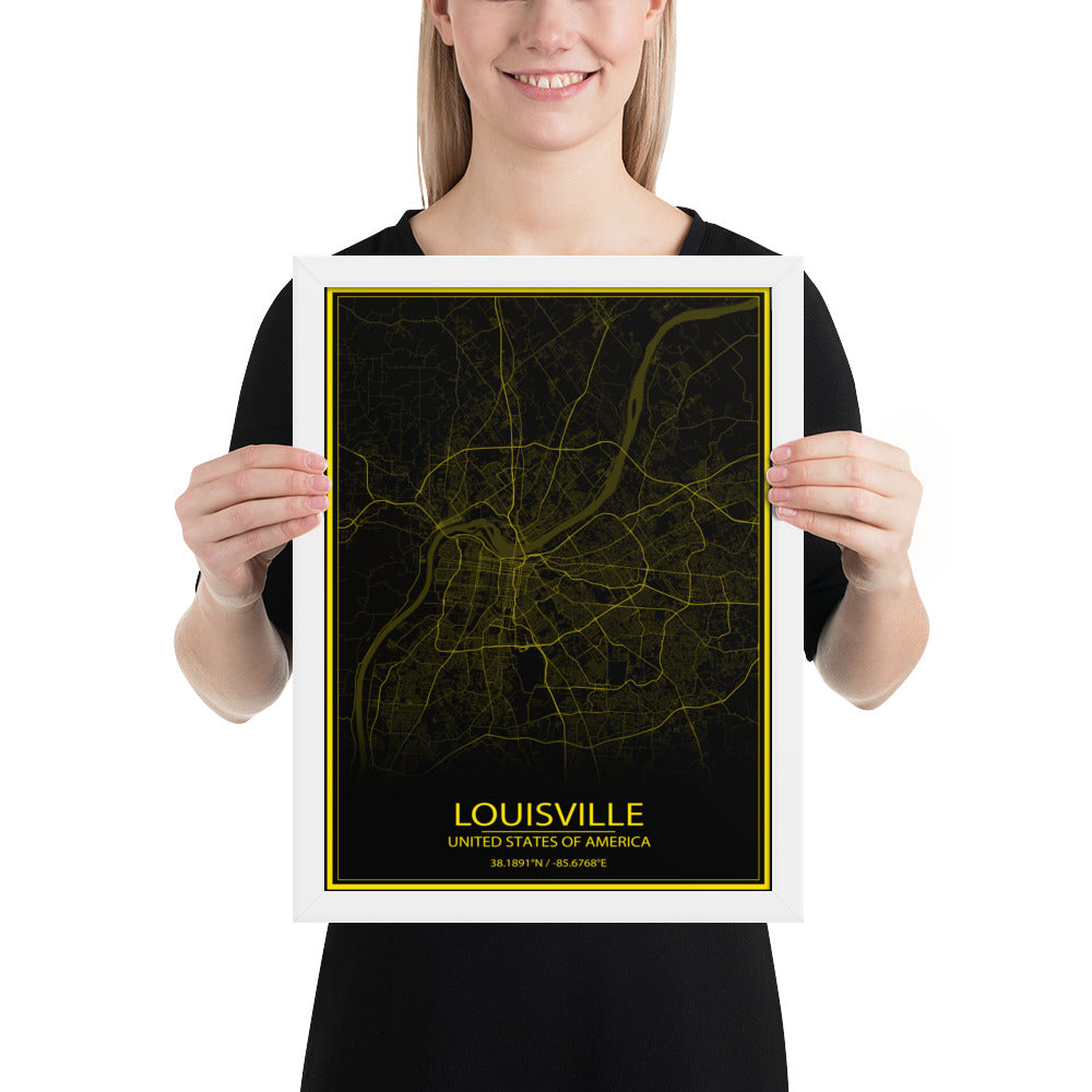 Louisville Black and Yellow Framed Map