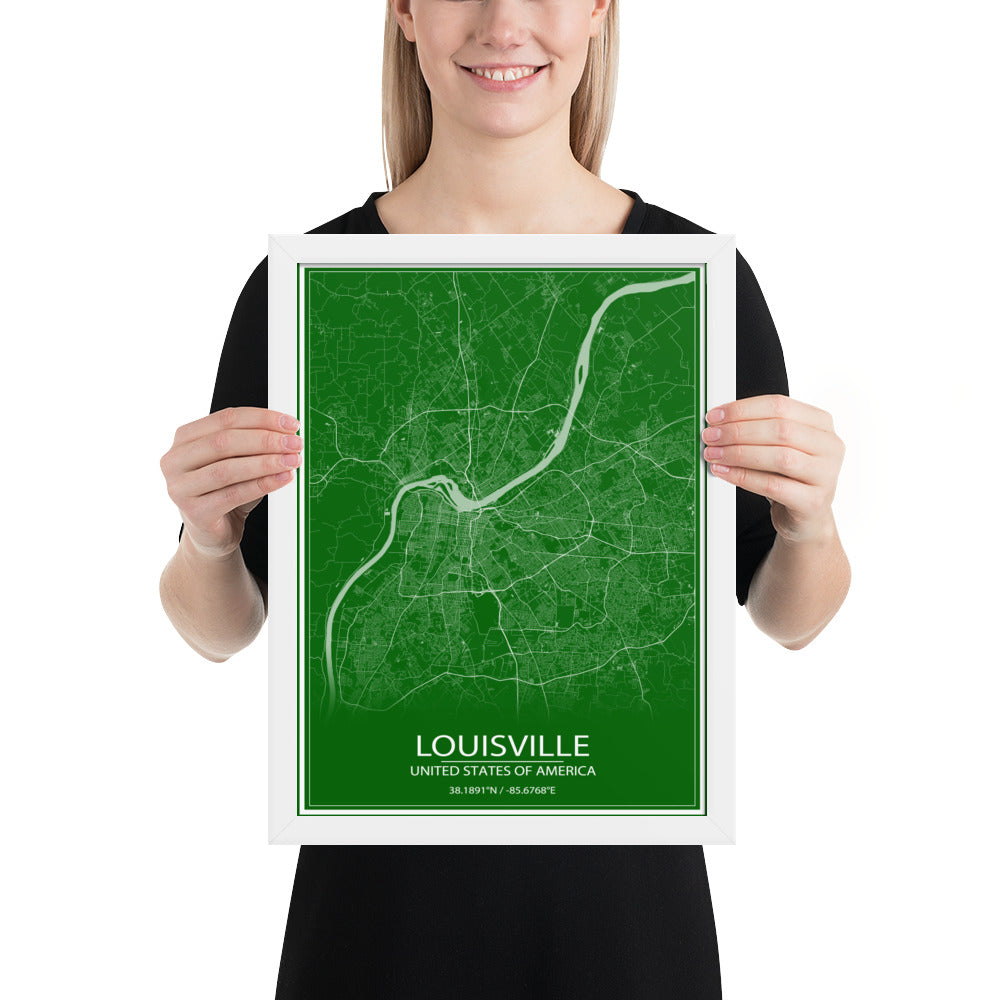 Louisville Green and White Framed Map