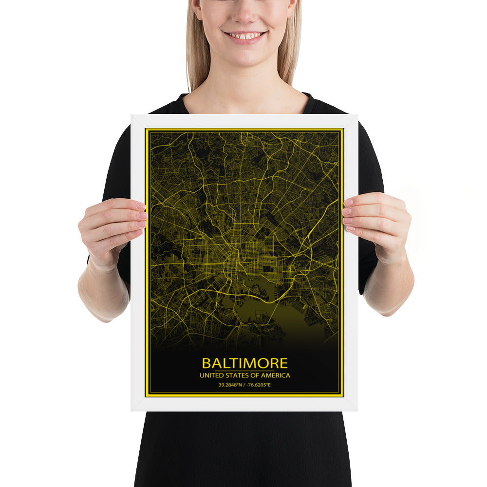 Baltimore Black and Yellow Framed Map