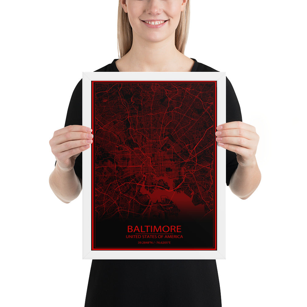 Baltimore Black and Red Framed Map