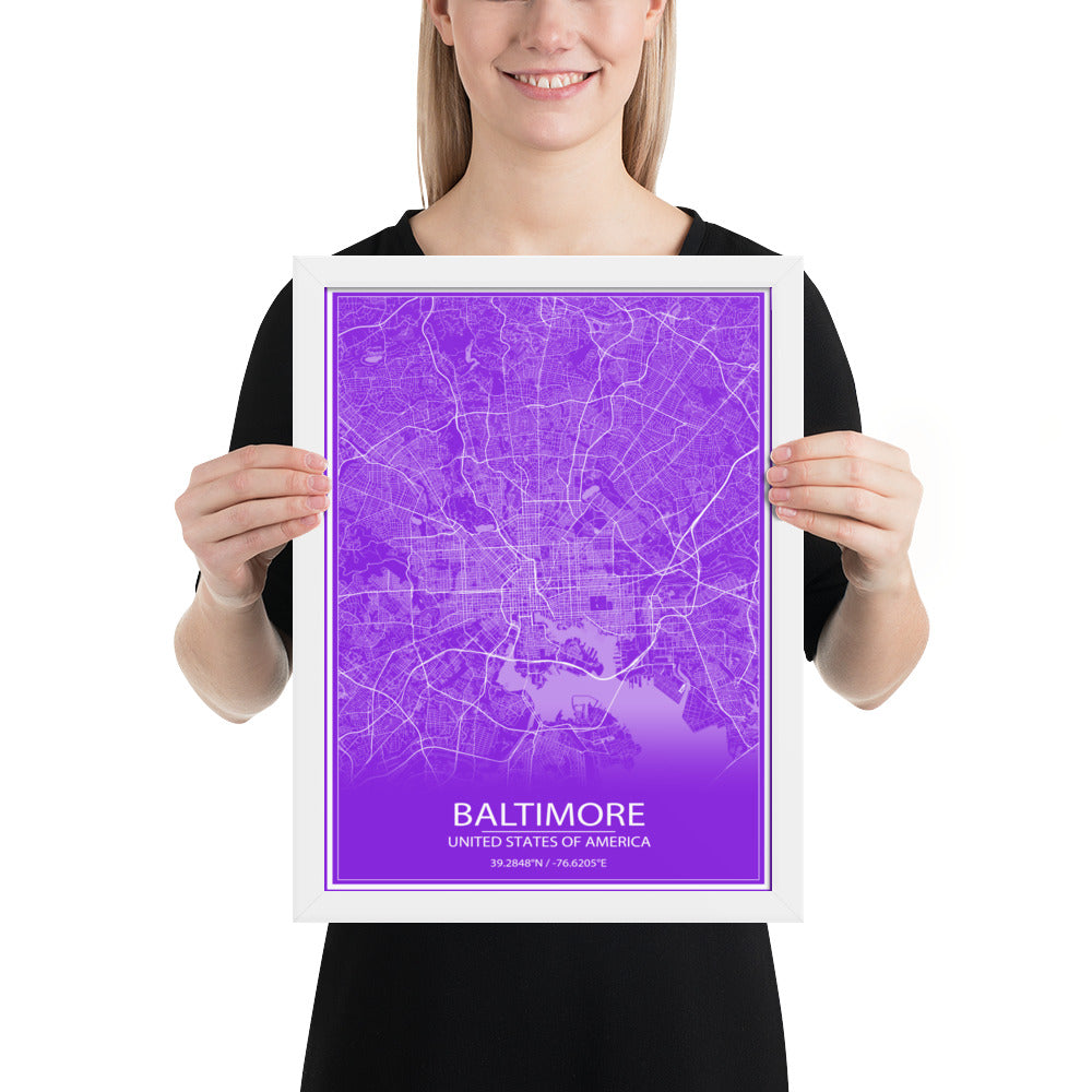 Baltimore Purple and White Framed Map