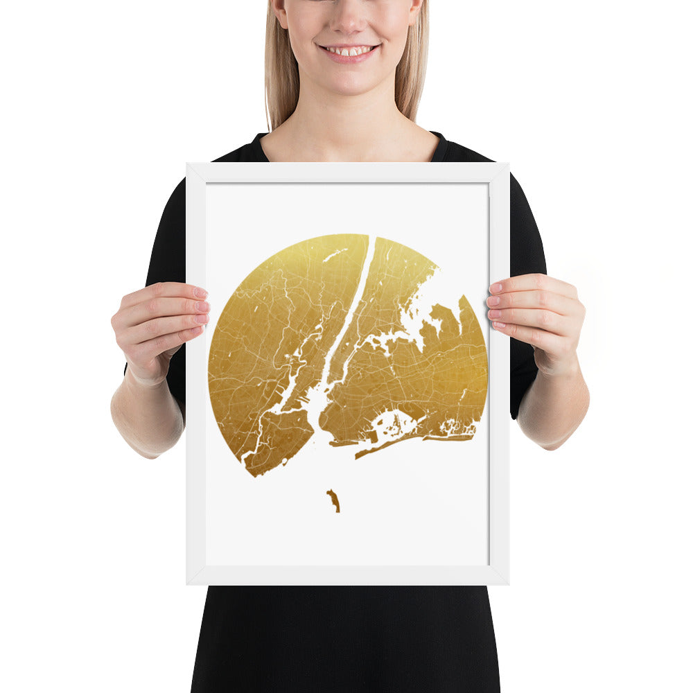 New York Gold on White Framed Map