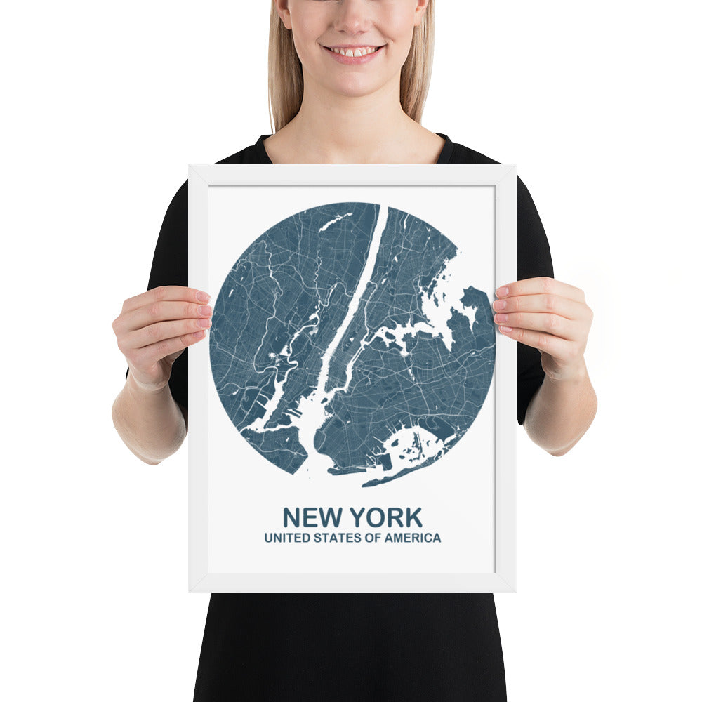 New York Circular Blue Framed Map