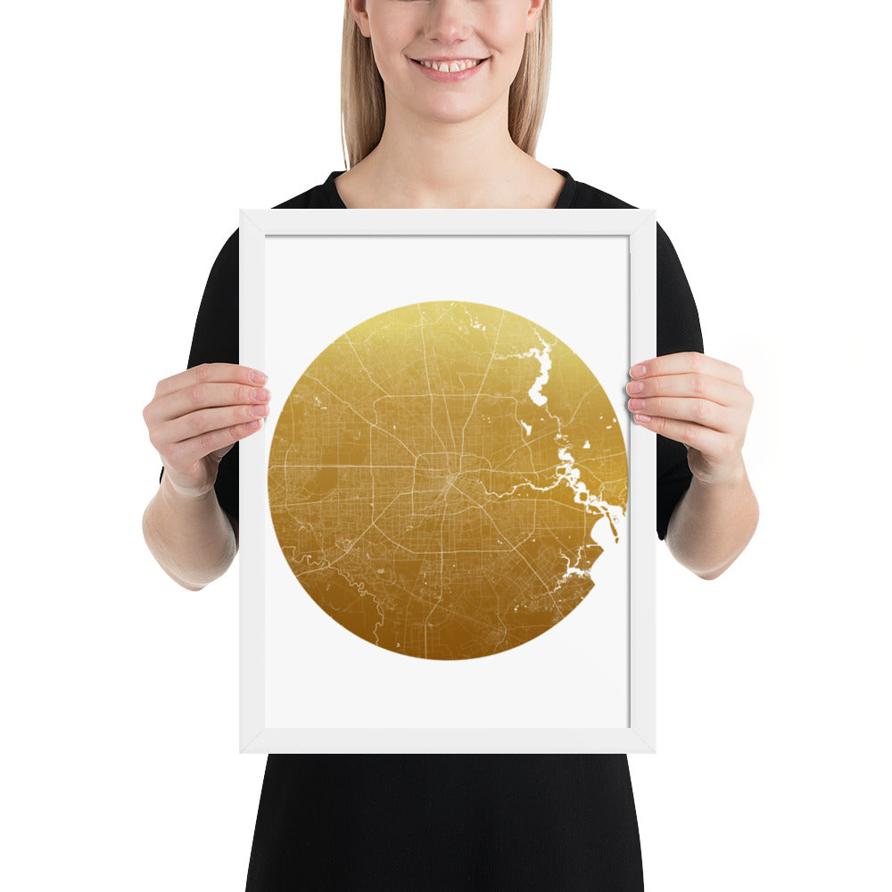 Houston Gold on White Framed Map