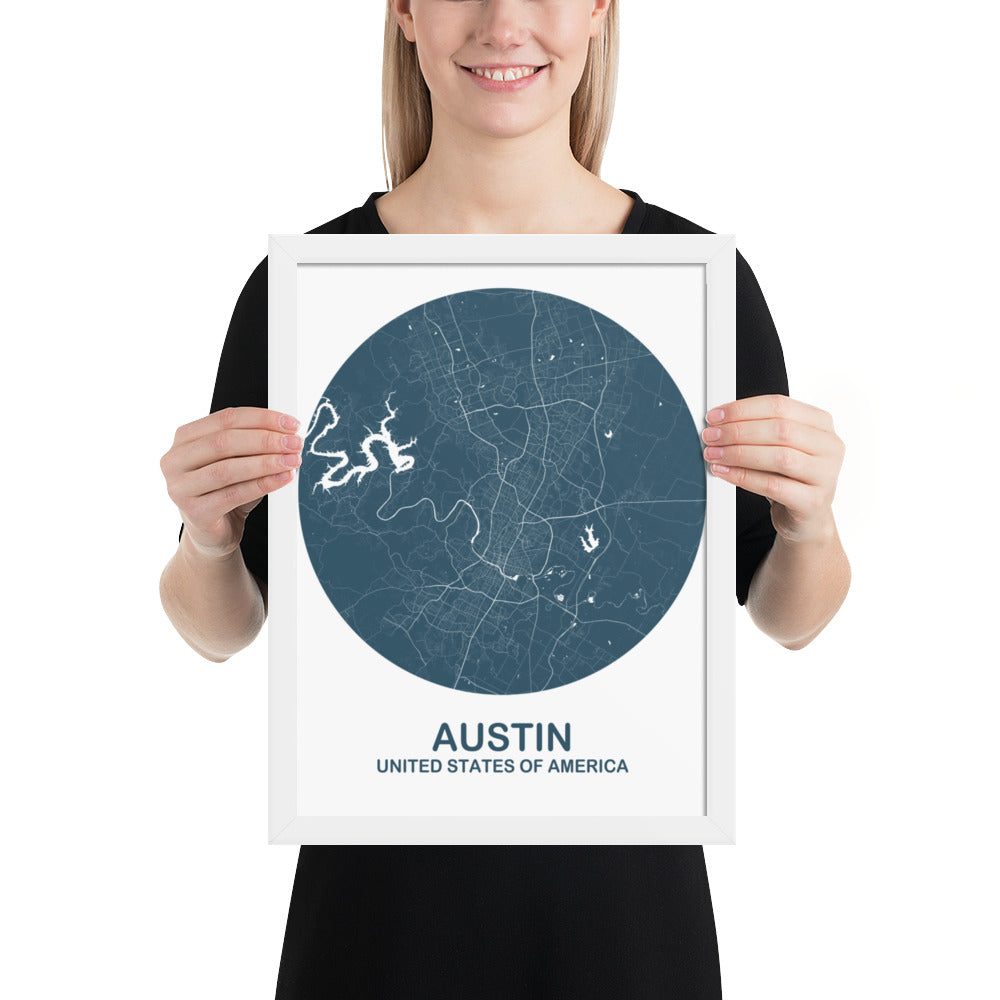 Austin Circular Blue Framed Map