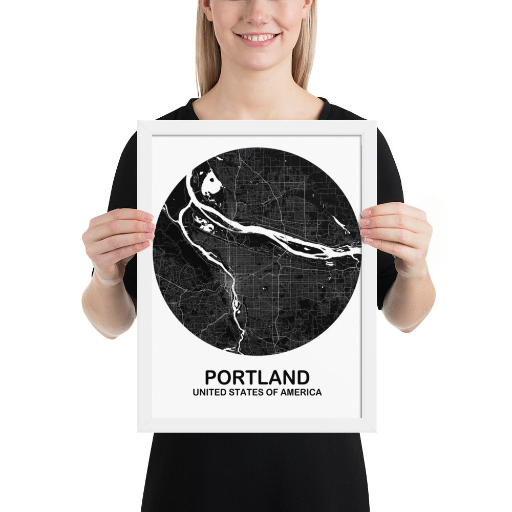 Portland Circular Black Framed Map