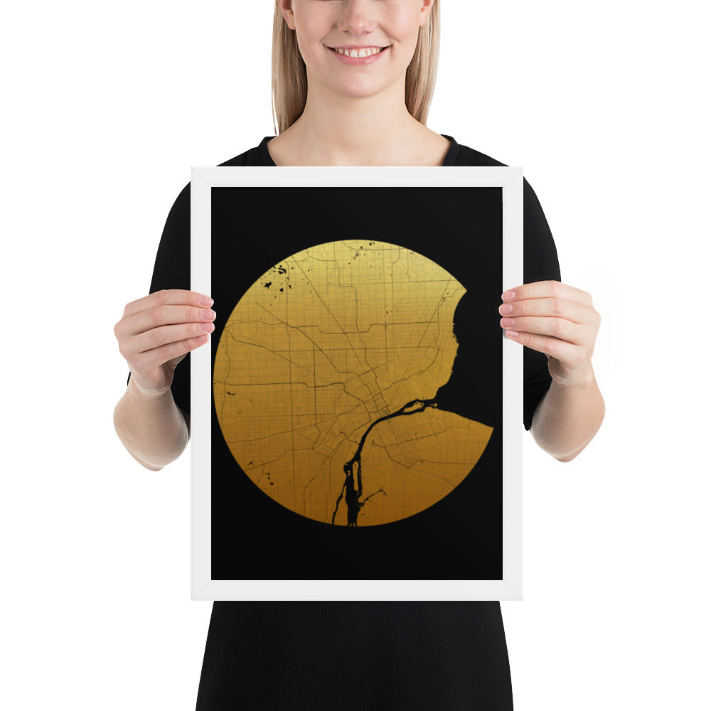 Detroit Gold on Black Framed Map