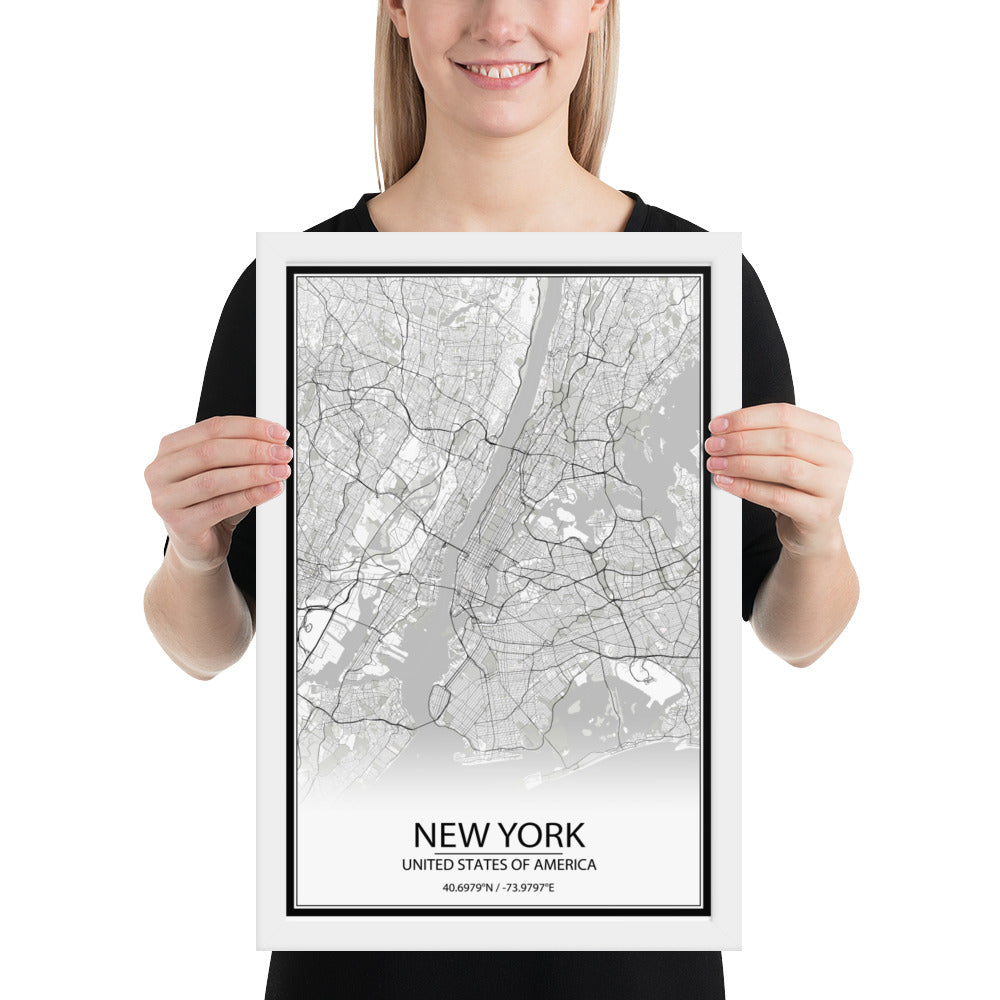 New York White Framed Map