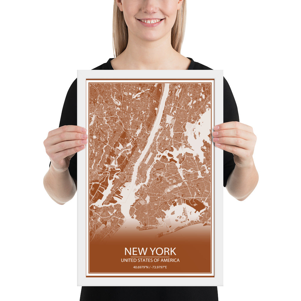 New York Brown and White Framed Map