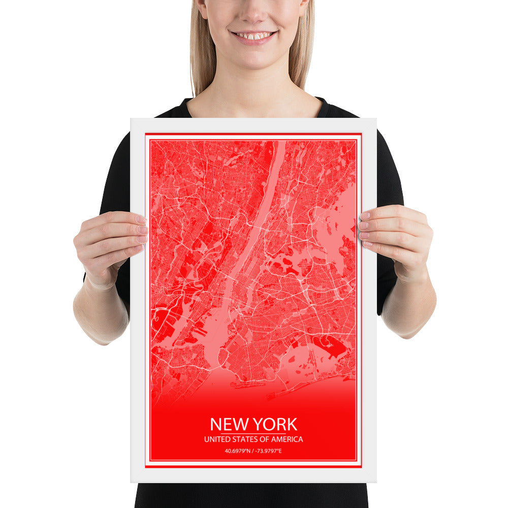 New York Red and White Framed Map