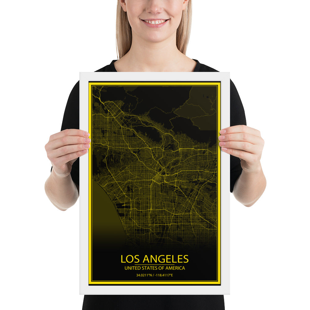 Los Angeles Black and Yellow Framed Map