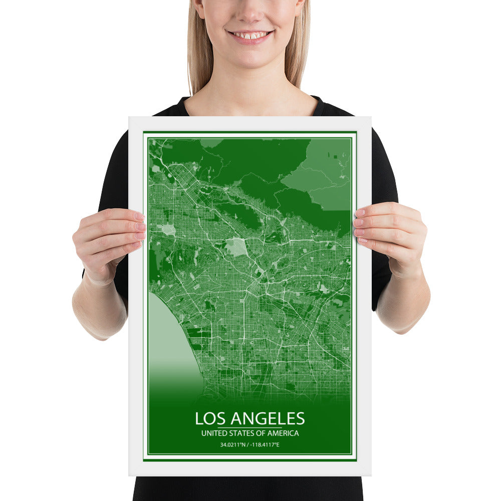 Los Angeles Green and White Framed Map