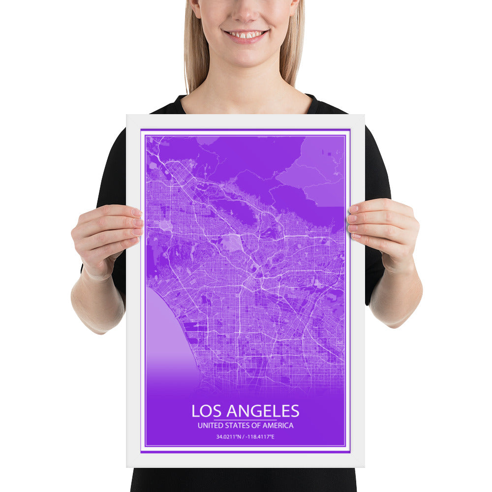 Los Angeles Purple and White Framed Map