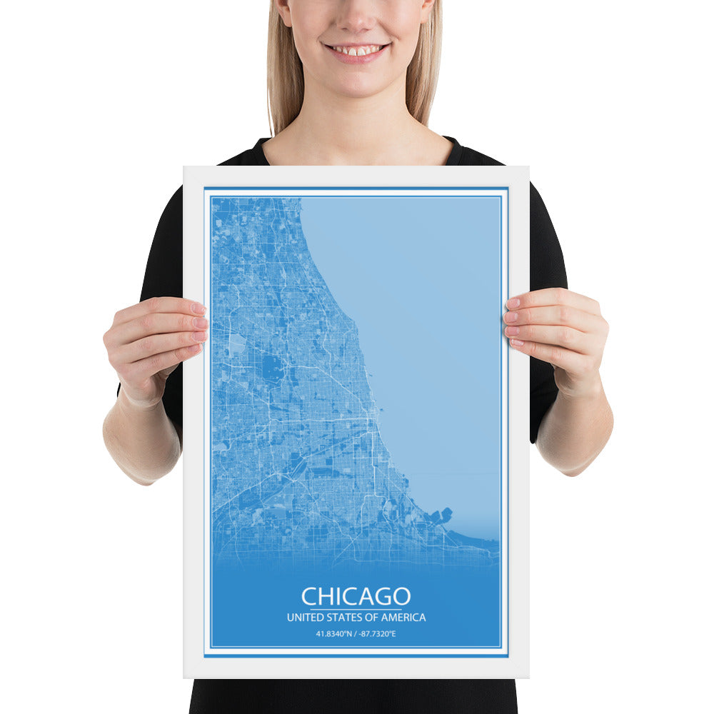 Chicago Blue and White Framed Map