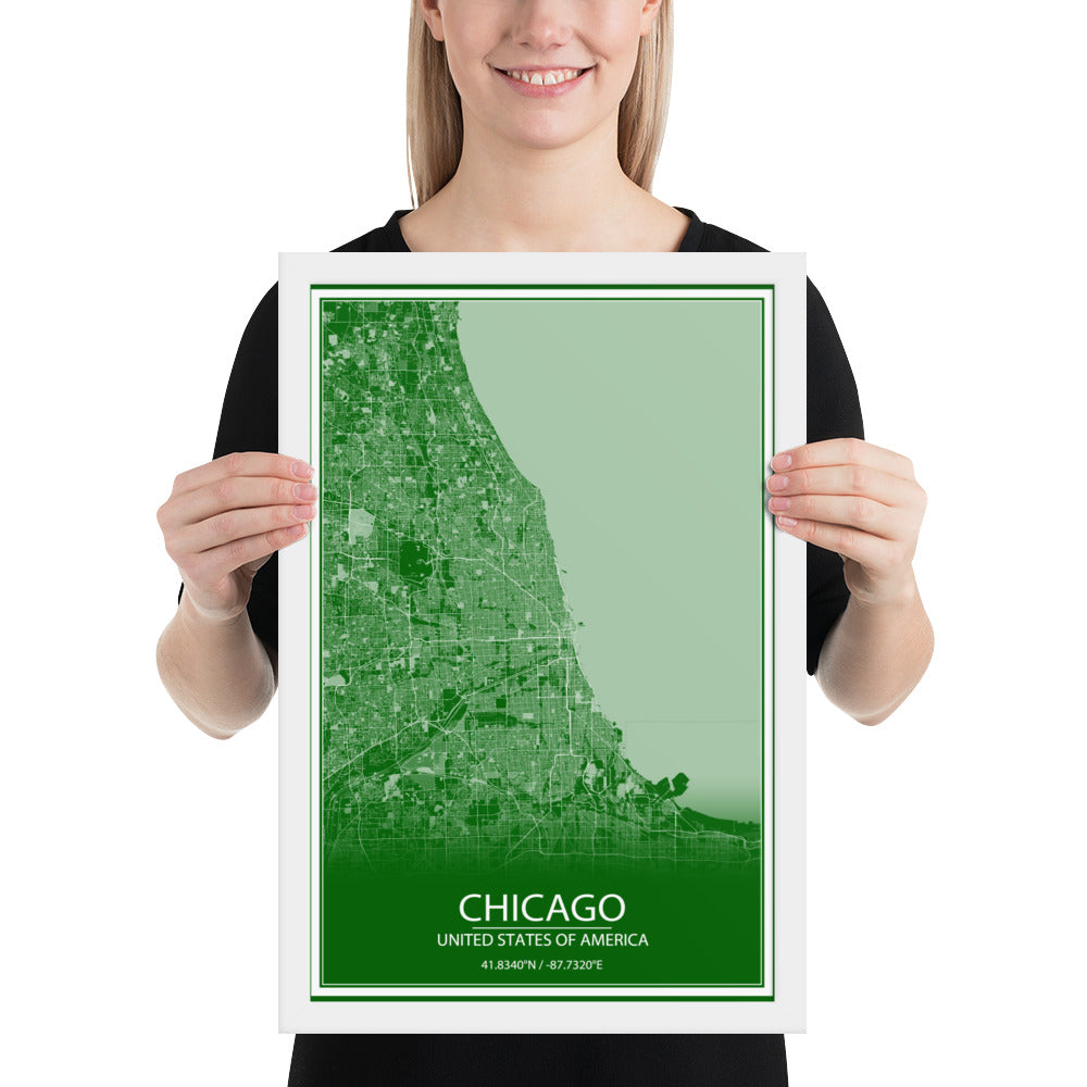 Chicago Green and White Framed Map