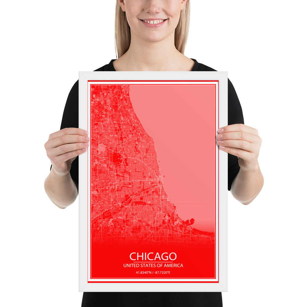 Chicago Red and White Framed Map