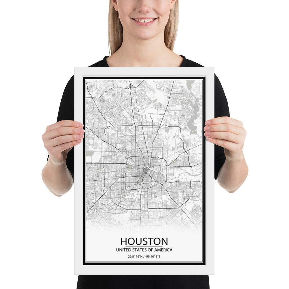 Houston White Framed Map