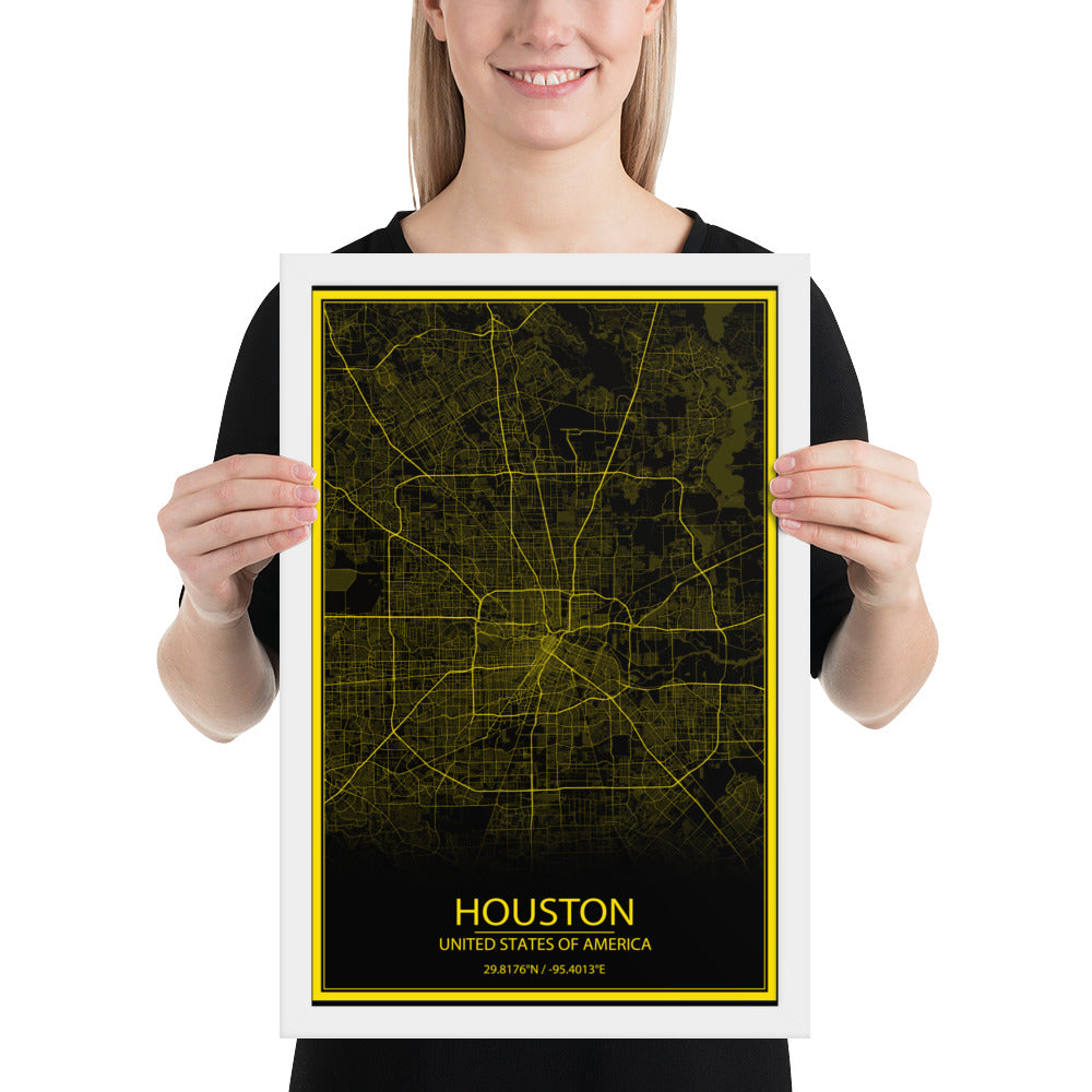 Houston Black and Yellow Framed Map