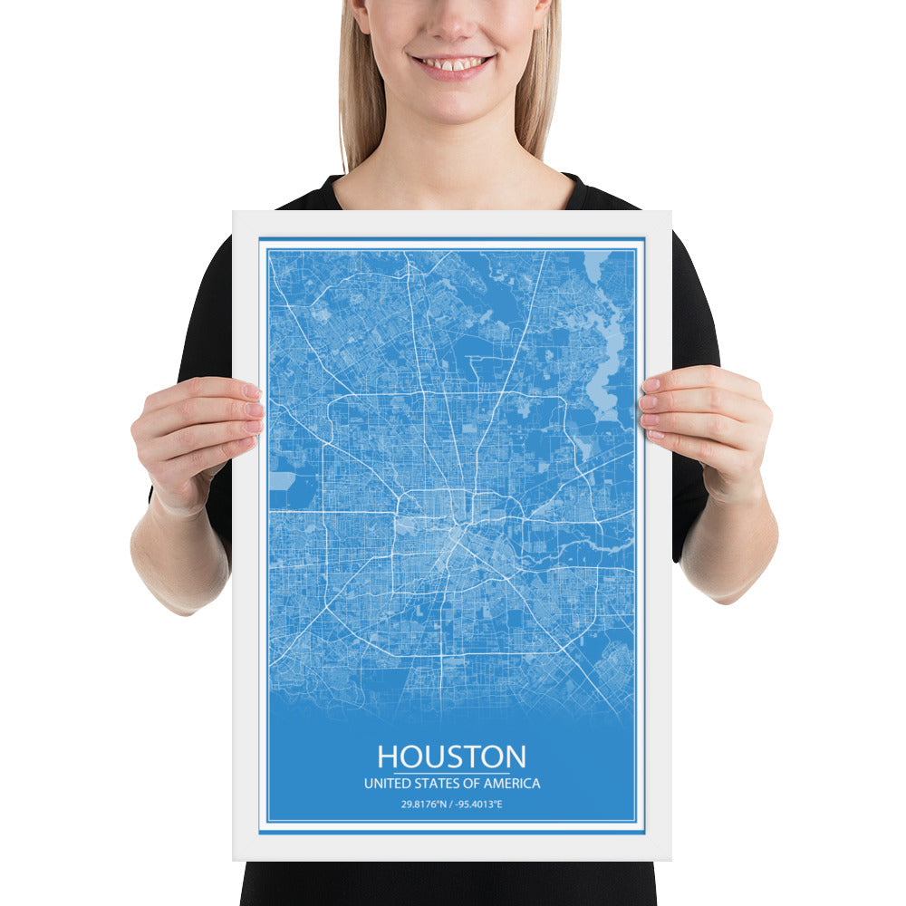 Houston Blue and White Framed Map