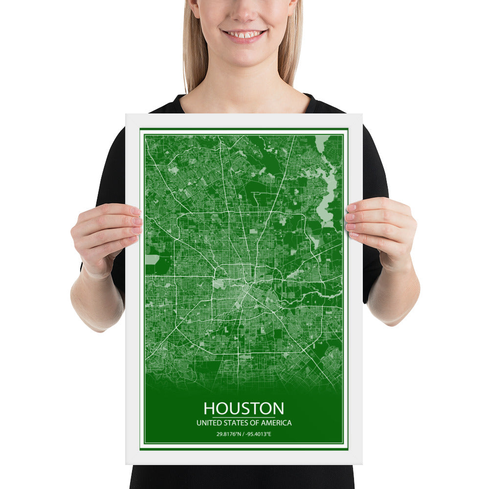 Houston Green and White Framed Map