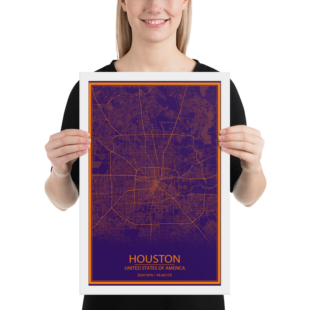 Houston Purple and Orange Framed Map