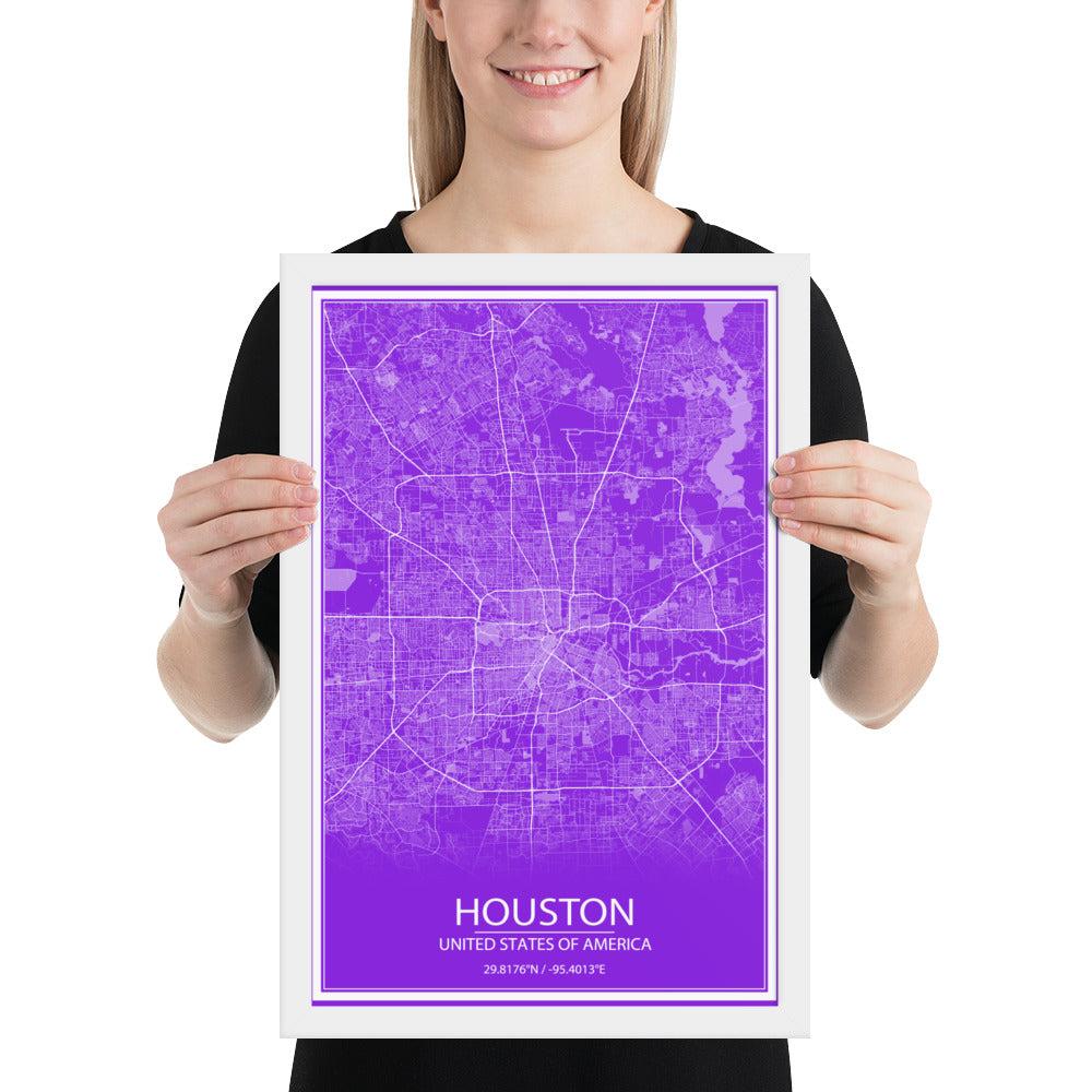 Houston Purple and White Framed Map